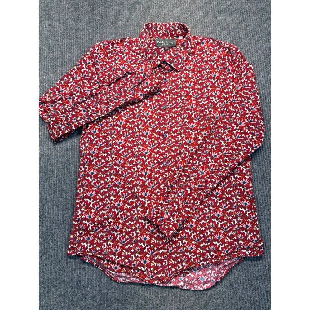 Paisley & Gray Mens Slim Fit Floral Button Down Shirt Red White Blue Cotton L